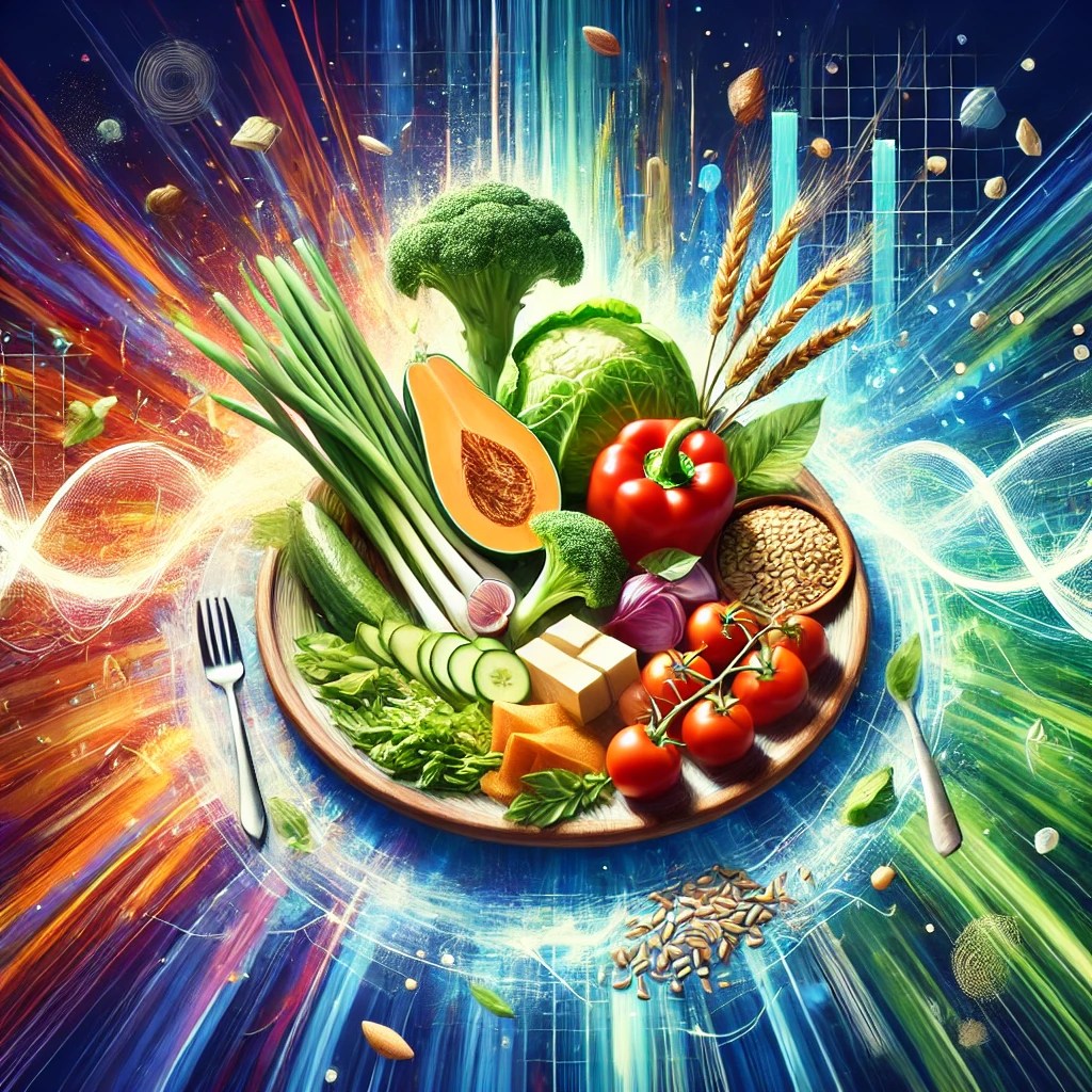 A colorful digital illustration of a balanced plate filled with fresh vegetables, lean proteins, whole grains, and healthy fats, symbolizing optimal nutrition and energy.