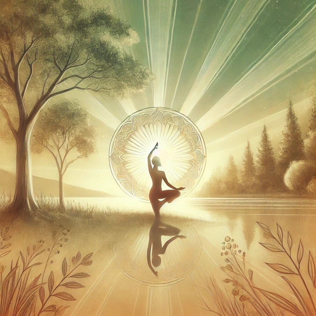 A peaceful digital illustration of a person practicing yoga in a tranquil outdoor setting, embodying balance, mindfulness, and relaxation.