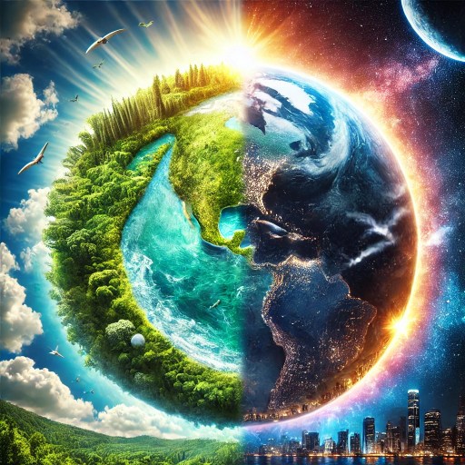 surreal depiction of Earth split into two halves, one showcasing lush greenery and clear blue skies, while the other reveals pollution, deforestation, and industrial smog, symbolizing the balance between beauty and struggle in our world.